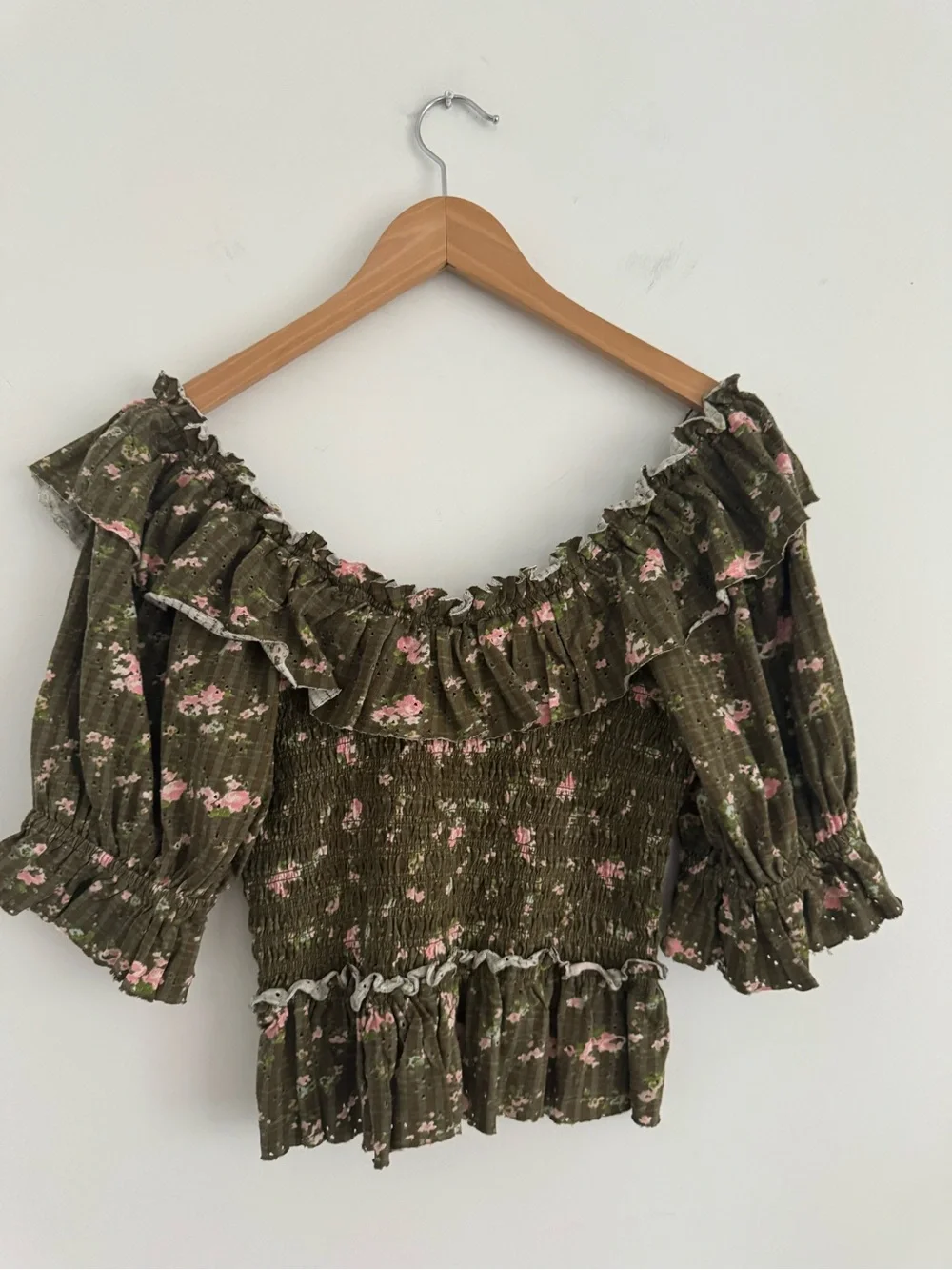 Free People Olive Floral Ruffle Smocked Crop Top